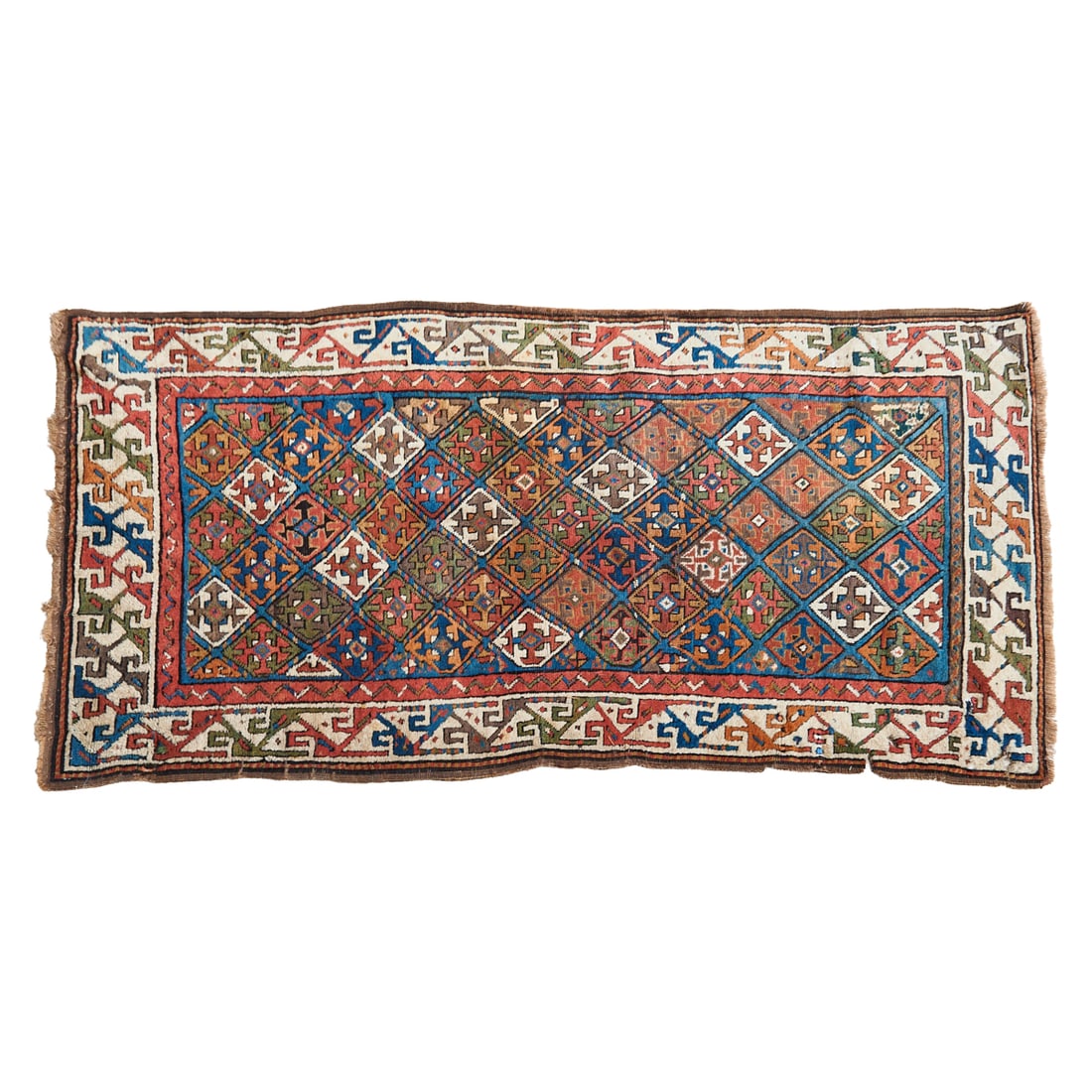 Kurdish Tribal Rug: Kurdish Tribal Rug, woven with diamond shaped motifs in the central field, with stylized crosses;reserved to their centers the off white primary border bracketed by guard band borders, woven with styl
