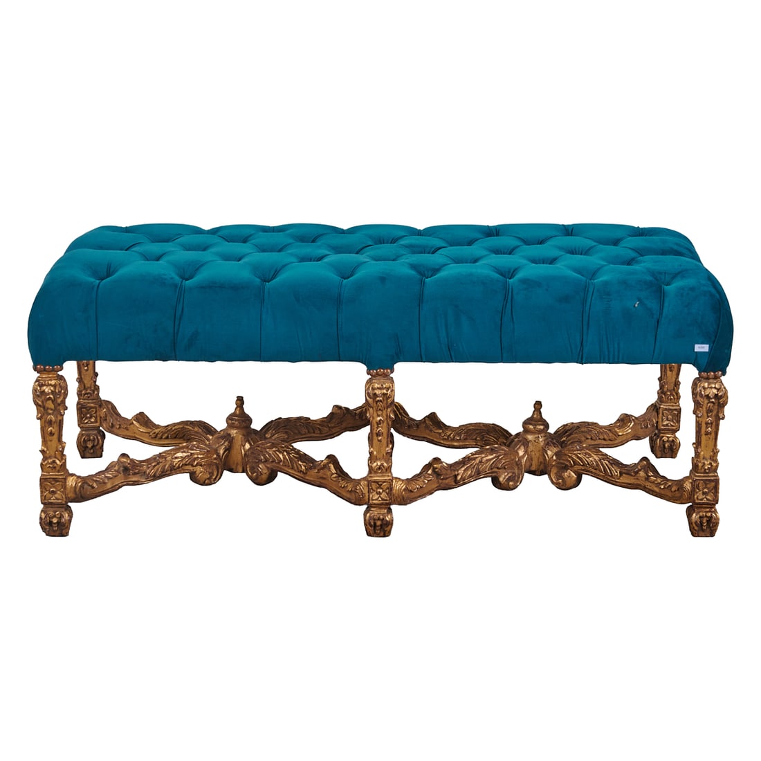 Regence Style Wood Carved and Gilt Blue Upholstered Window Seat: Regence Style Wood Carved and Gilt Blue Upholstered Window Seat, the tufted seat over turned legs, with doubled X stretcher base.{Approximate dimensions: 20 1/4" H. x 50 1/2" L. x 21 1/2" W.}.