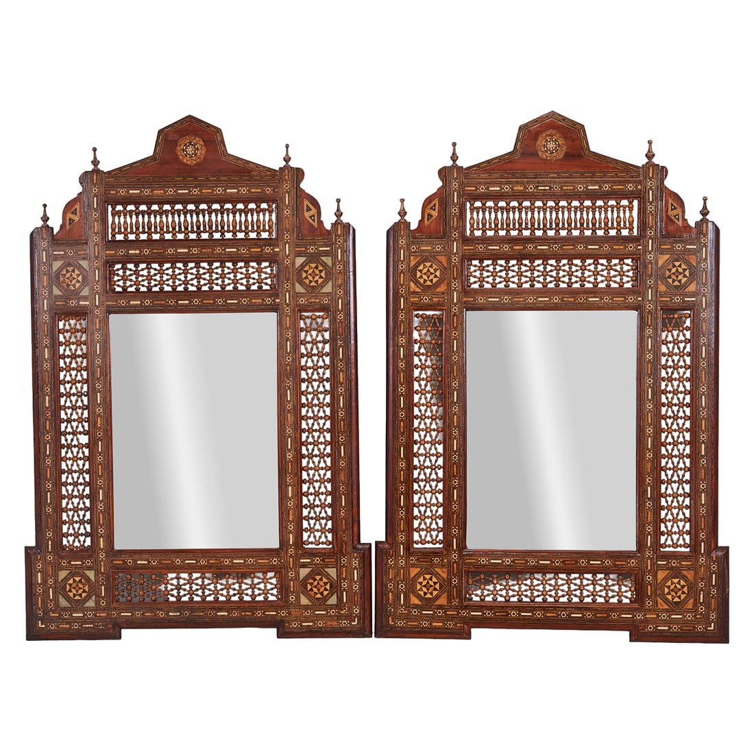 Pair of Moorish Style Inlaid Mirrors: Pair of Moorish Style Inlaid Mirrors.{Approximate dimensions - each: 59 1/2" H. x 37 1/2" W. x 4" D.}.