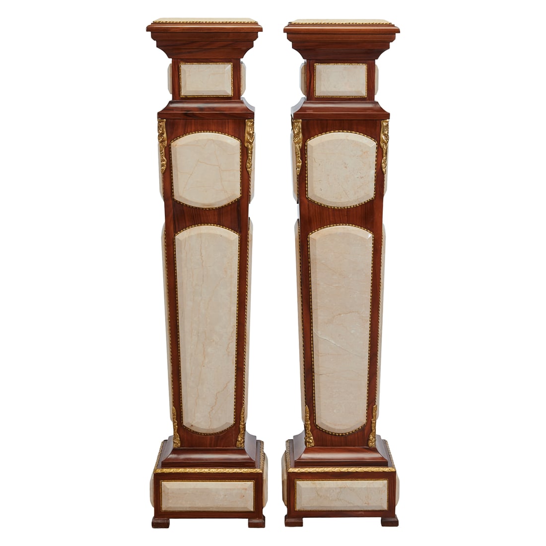Pair of Tall Marble and Bronze Mounted Wood Pedestals: Pair of Tall Marble and Bronze Mounted Wood Pedestals{Approximate dimensions:; 53 3/4" H.;x 12" W.; x 12" D.}.