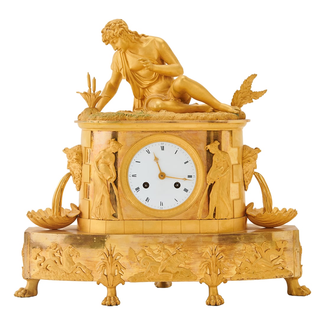 Empire Style Gilt Bronze Mantel Clock: Empire Style Gilt Bronze Mantel Clock, "Narcissus a La Source," the white enamel dial with Roman numeral chapters and Arabic quarter hour numbers, contained within a bowed rectangular case surmounted 