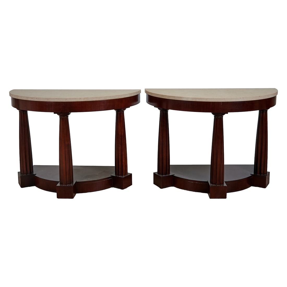 Pair of Neoclassical Style Marble Top Demi Lune Console Tables: Pair of Neoclassical Style Marble Top Demi Lune Console Tables, the tops overcast over the tripodal columnar legs, conjoined by a low shelf of conforming design.{Approximate dimensions:; 33" high x 47