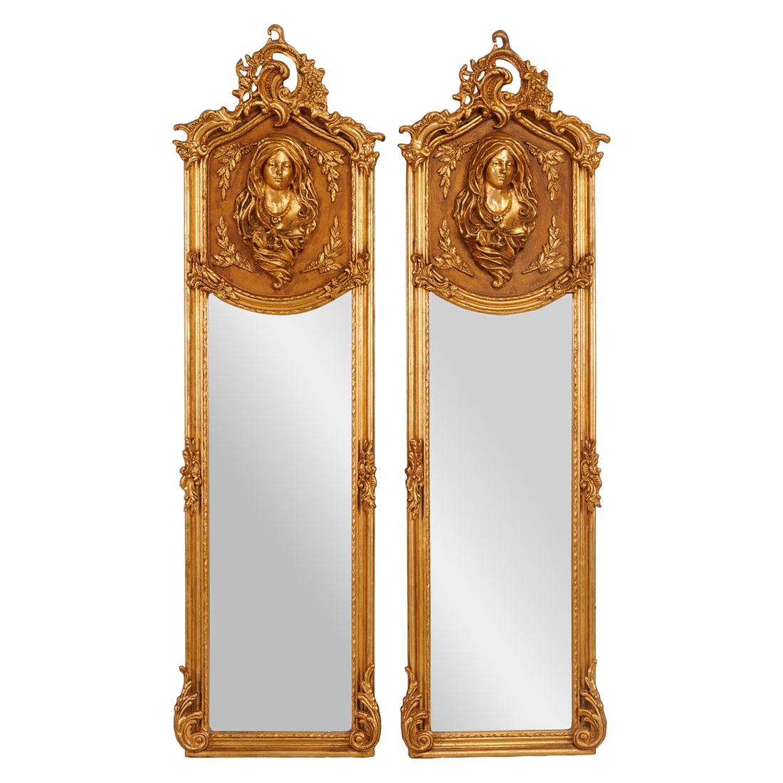 Pair of Regency Style Portrait Mirrors: Pair of Regency Style Portrait Mirrors.{Approximate dimensions:; 71 1/4" high x 20 1/2" wide x 3 1/2" deep.}.