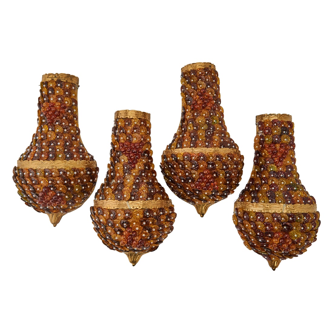Set of Four Art Deco Style Doré Bronze and Colored Glass Sconces: Set of Four Art Deco Style Doré Bronze and Colored Glass Sconces.{Approximate dimensions:; 17 1/2" H.x 8 " W. x 6" D.}.