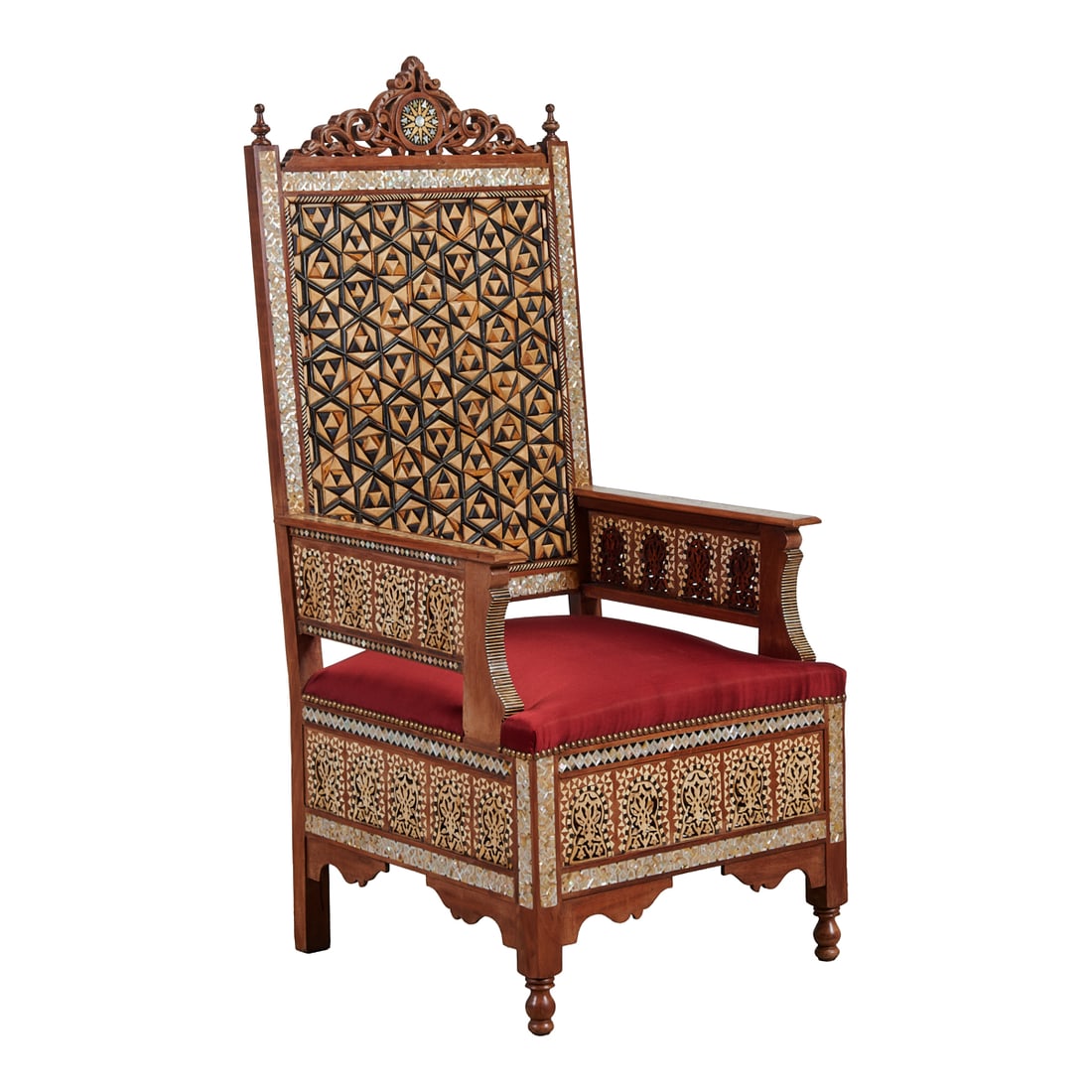 Iberian Style Inlaid Throne Chair: Iberian Style Inlaid Throne Chair.{Approximate Dimensions: 53" H. x 24" W. x 22.5" D.}.