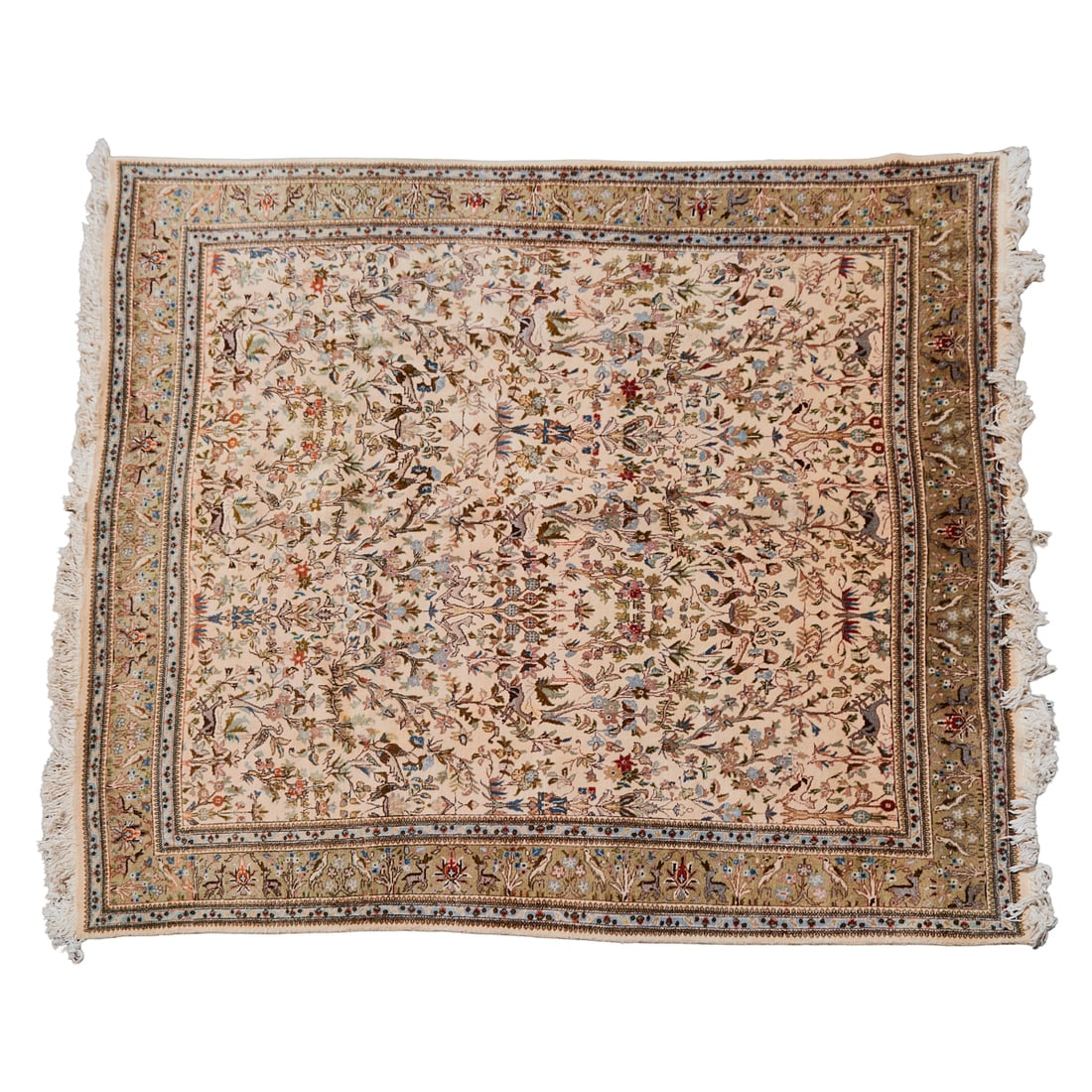 Persian Tabriz Pictorial Wool Carpet: Persian Tabriz Pictorial Wool Carpet, woven in wool and cotton, the cream field woven with dense hunting pattern, in many colors, within light brown primary border, bracketed by pale blue guard band