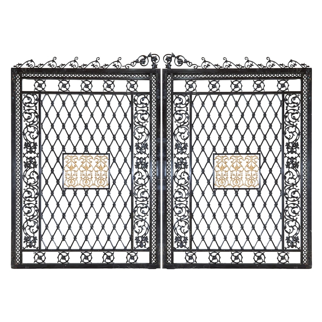 Pair of French Style Parcel Gilt Wrought Iron Estate Gates: Pair of French Style Parcel Gilt Wrought Iron Estate Gates.{Approximate dimensions - one gate:; 114 3/4" high x 79" wide.}.