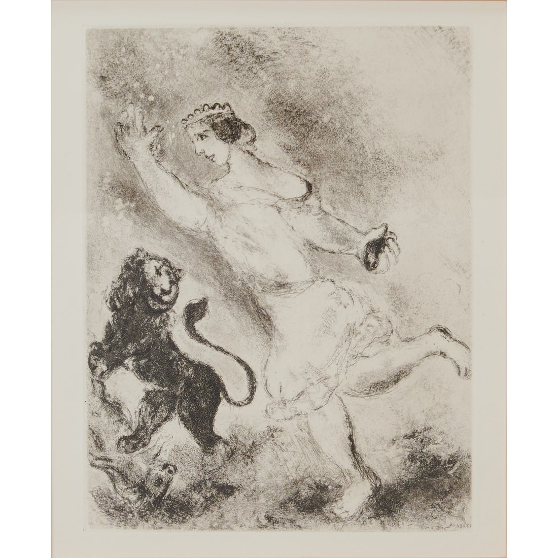 Marc Chagall, David and the Lion, Etching from the Bible Series: Marc Chagall (Russian, 1887-1985), "David and the Lion," plate #62 in the "Bible" suite from 1956, total edition of 395, etching. Signed in plate at lower;right. Plaque recto.;Labels