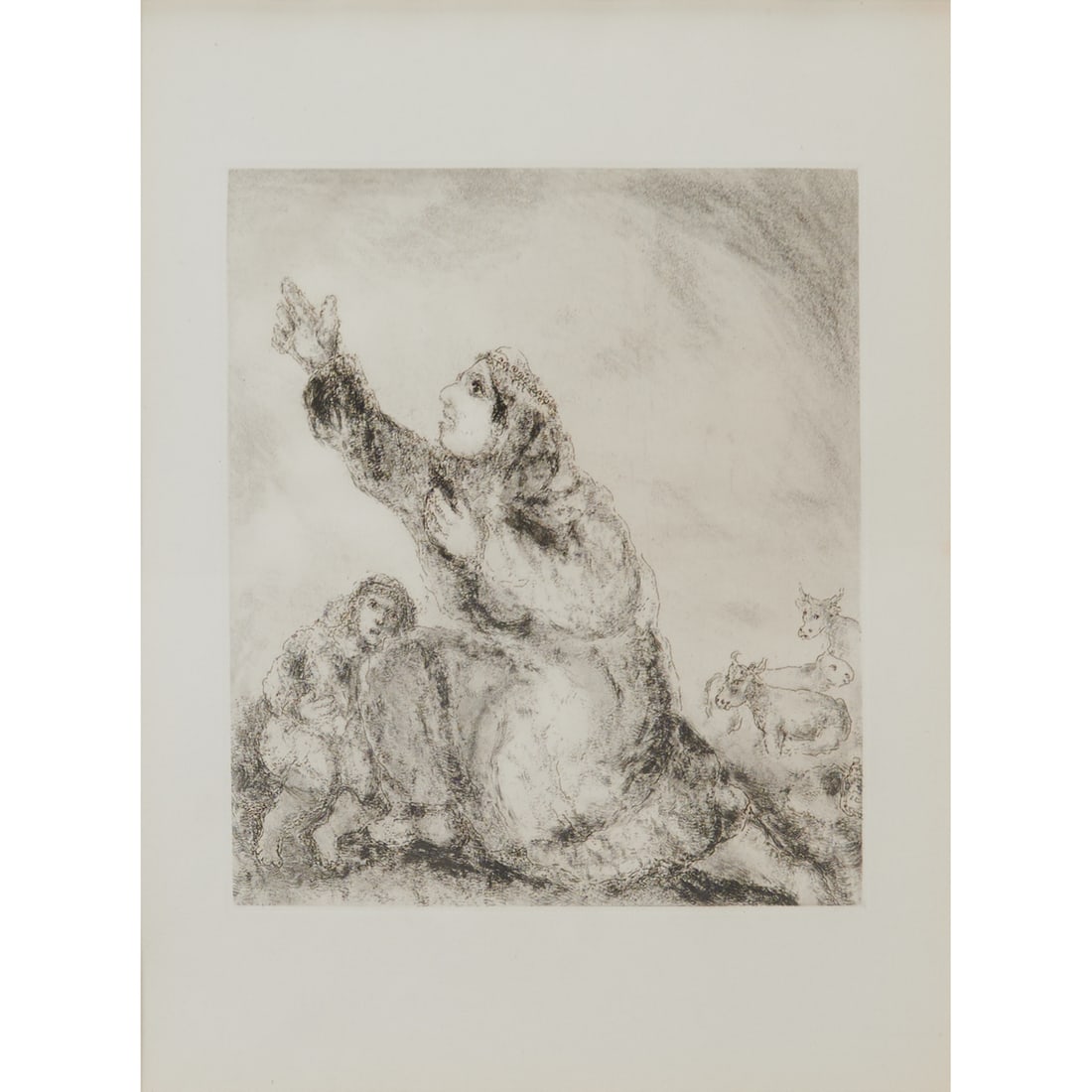 Marc Chagall, Anna Invokes God, Etching from the Bible Series: Marc Chagall (Russian, 1887-1985), "Anna Invokes God," plate #58 in the "Bible" suite from 1956, total edition of 395, etching. Signed in plate at lower left. Titled, named, and series on plaque