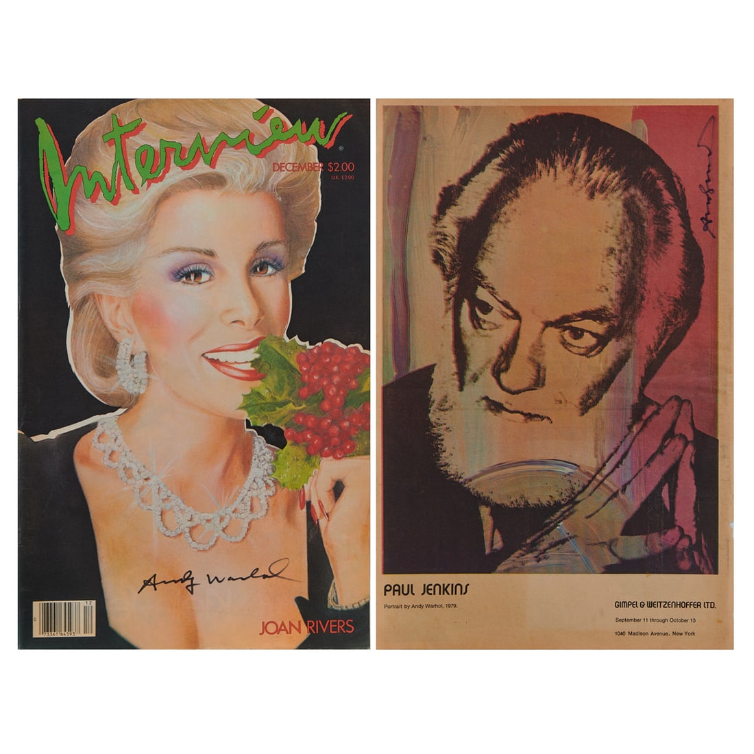Two Signed Warhol, Joan Rivers and Paul Jenkins: Two Signed Warhol, (i) Joan Rivers and (ii) Paul Jenkins, After Andy Warhol (American, 1928-1987). (i) Joan Rivers on the front cover of Interview Magazine, December 1984.;Cover only. Signed at low