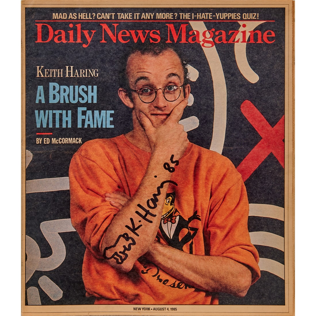 A Signed Haring, Daily News Magazine: A Signed Daily News Magazine.;Keith Haring;(American 1958-1990).;Daily News Magazine, dated August 4, 1985 featuring Keith Haring, A Brush with Fame. Signed,;dated, and a drawing;in ink on front