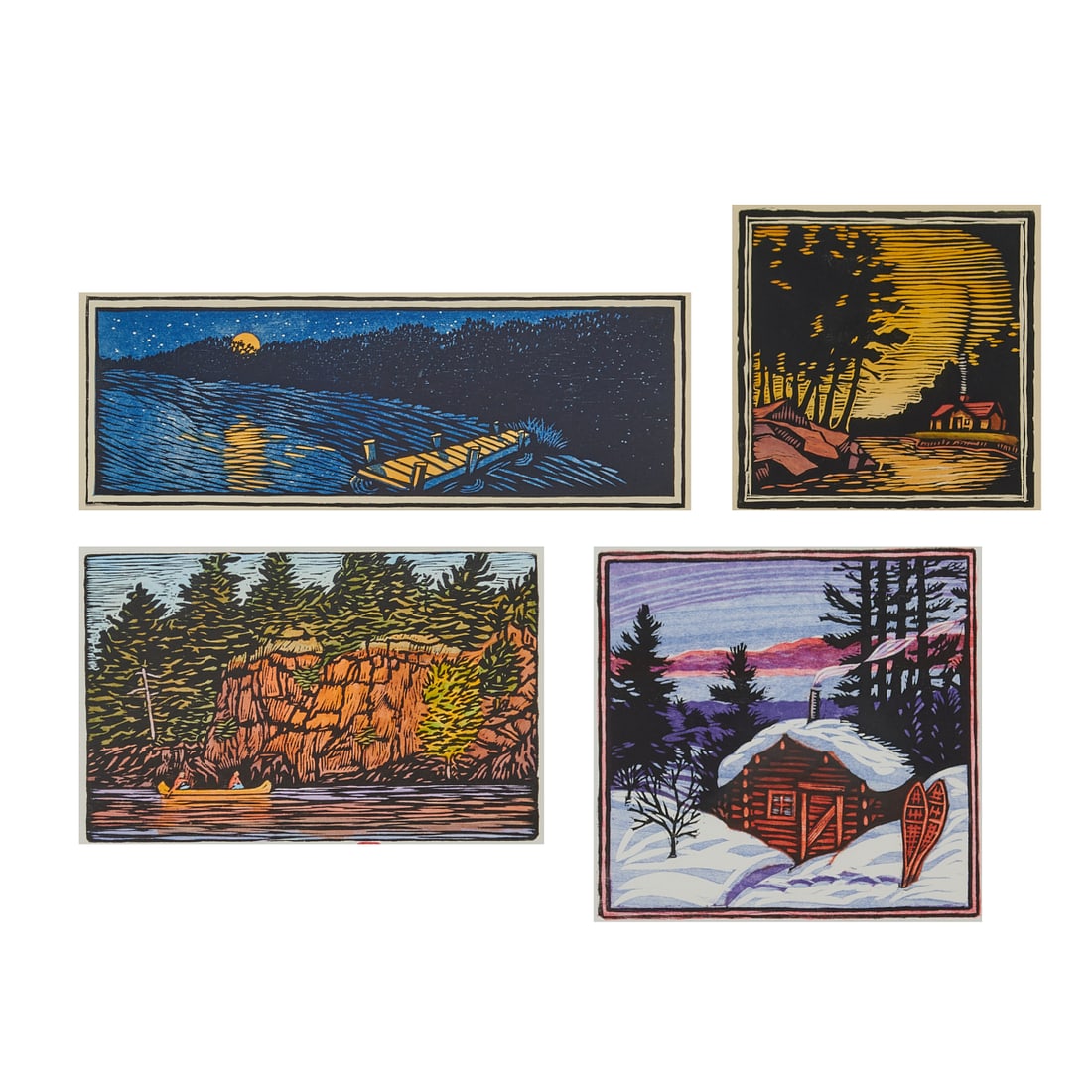 Jim Meyer, Four Woodcuts: Jim Meyer (American, born 1941), Four Woodcuts, including (i) "Moondock," numbered 48/125, [plate: 3 5/8" H x 10 3/8" W]; (ii) "The Cabin," 2001.;Numbered 43/125 and dated in pencil,;[plate: 6 1/2" H