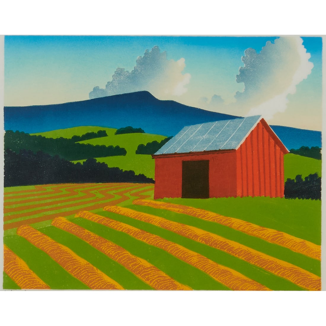 Sabra Field, Windrows, Woodcut: Sabra Field (American, born 1935), "Windrows,";woodcut on paper. Numbered 790/900, titled, and signed in pencil at low margin. Barclay Simpson Fine Arts Gallery label verso. [Approximate dimensions - 