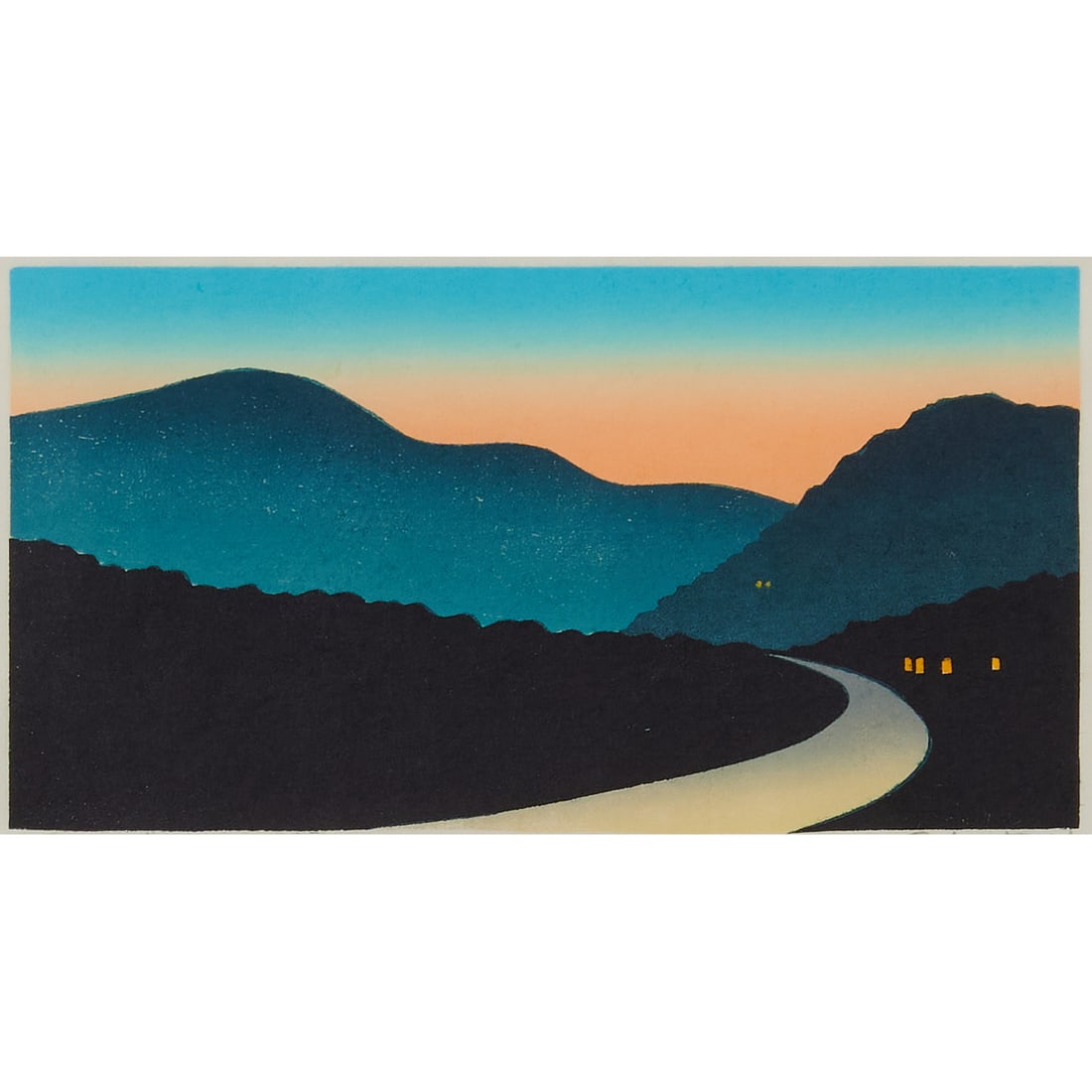 Sabra Field, Going Home, Woodcut: Sabra Field (American, born 1935), "Going Home," woodcut on paper. Titled and signed in pencil at low margin. [Approximate dimensions - plate: 5" H x 9 3/8" W].