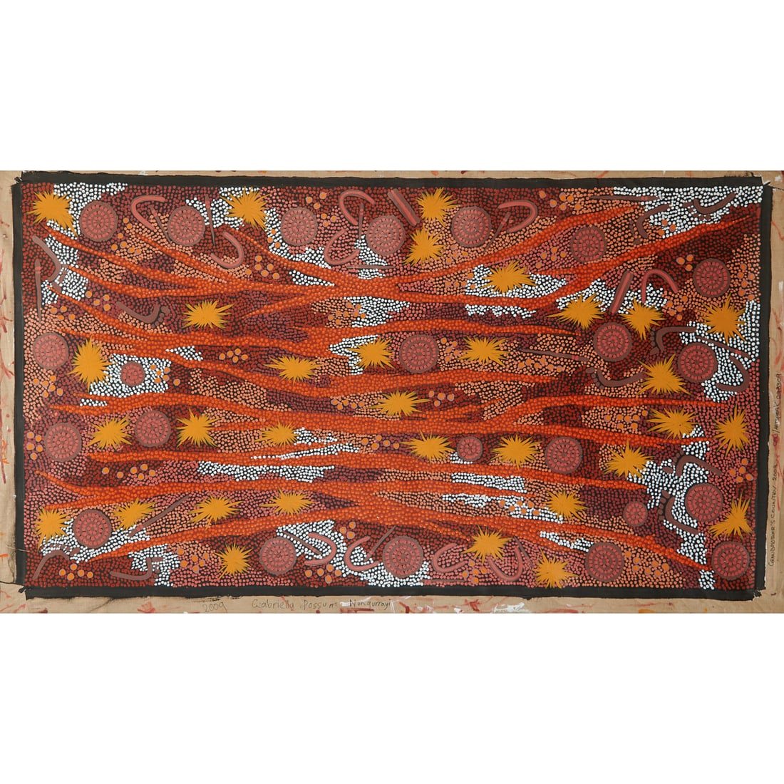 Gabriella Possum, Grandmother's Country, Acrylic on Linen: Gabriella Possum Nungurrayi (Australian/Aboriginal, born 1967), "Grandmothers Country," 2009, acrylic on linen canvas.;Signed and dated at low center. Titled and numbered GPN/Artspeak 093309 at right 