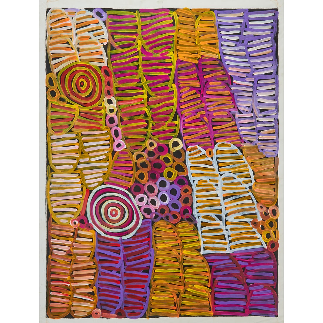 Minnie Pwerle, Awelye-Atnwengerrp, Acrylic on Canvas: Minnie Pwerle (Australian/Aboriginal, circa 1920-2006), "Awelye-Atnwengerrp," 2005, acrylic on;canvas. Unsigned. Numbered ASAAMP1555 verso.;[Approximate dimensions - canvas: 53 1/2" H x 43 1/2" W]. No