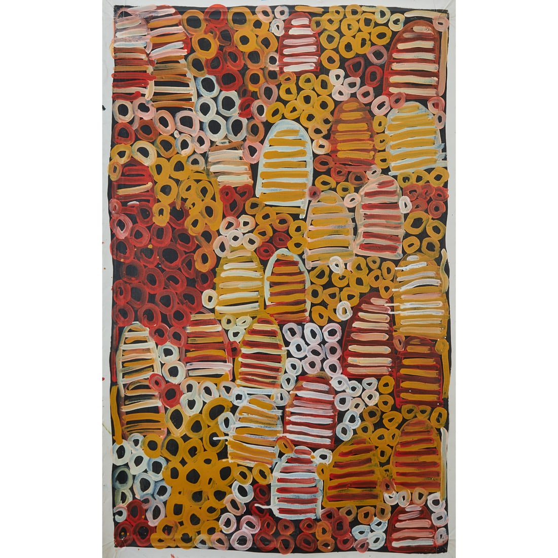 Minnie Pwerle, Women's Awelye Bush Melon, Acrylic on Canvas: Minnie Pwerle (Australian/Aboriginal, circa 1920-2006), "Womens Awelye:;Bush Melon," acrylic on;canvas. Unsigned. Numbered 10889. [Approximate dimensions - canvas: 62 1/4" H x 39 1/8" W]. Notes: This