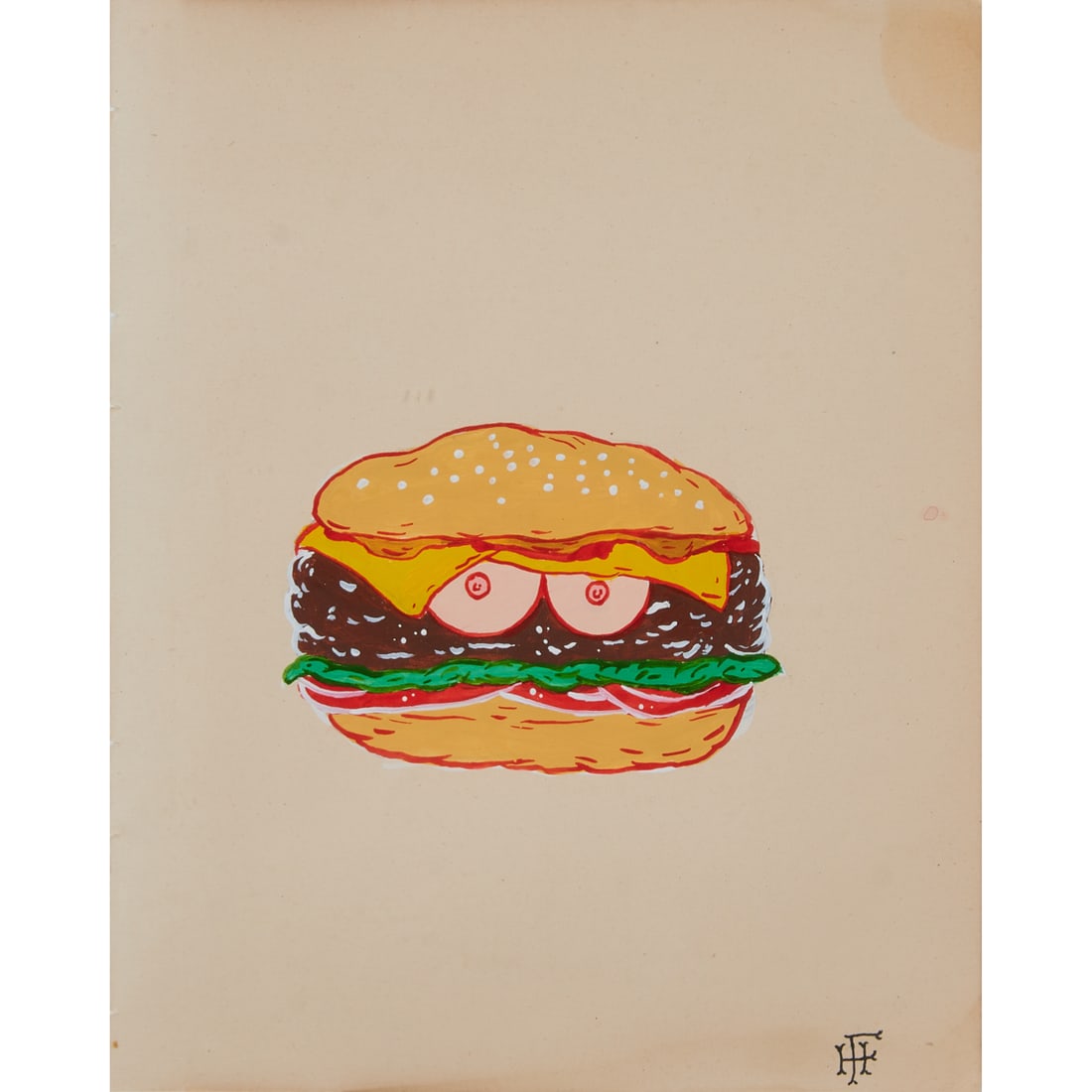 Harrison Freeman, Hamburger from Food Boobs, Acrylic on Paper: Harrison Freeman (American, 20th/21st Century), "Hamburger" from the Food Boobs I;series, 2014, acrylic on found paper. Monogram signed HF at lower right. Ampersand Gallery & Fine Books label