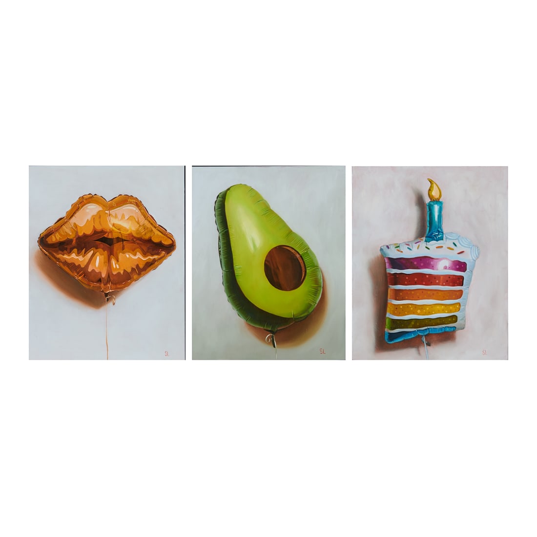 Shana Levenson, Three Oils on Copper Plates: Shana Levenson (American, Contemporary), Three Oils on Copper Plates, including "Birthday Cake," "Orange Lips," and Avocado Balloons, 2022.;All initial signed "SL" at lower right. Cake and Lips have