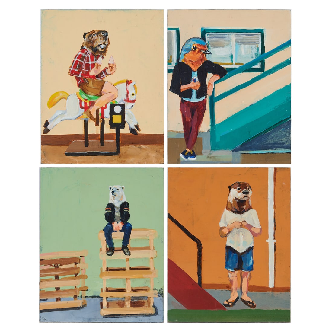Michael McConnell, Four Acrylics on Boards: Michael G. McConnell (American, born 1977), Four acrylics;on boards, 2017,;including (i) "Dairy Go Round," (ii);"PBR.Obin," (iii) "Urban Icebergs," and (iv) "The Only Otter at Lazy Bear Weekend.";All
