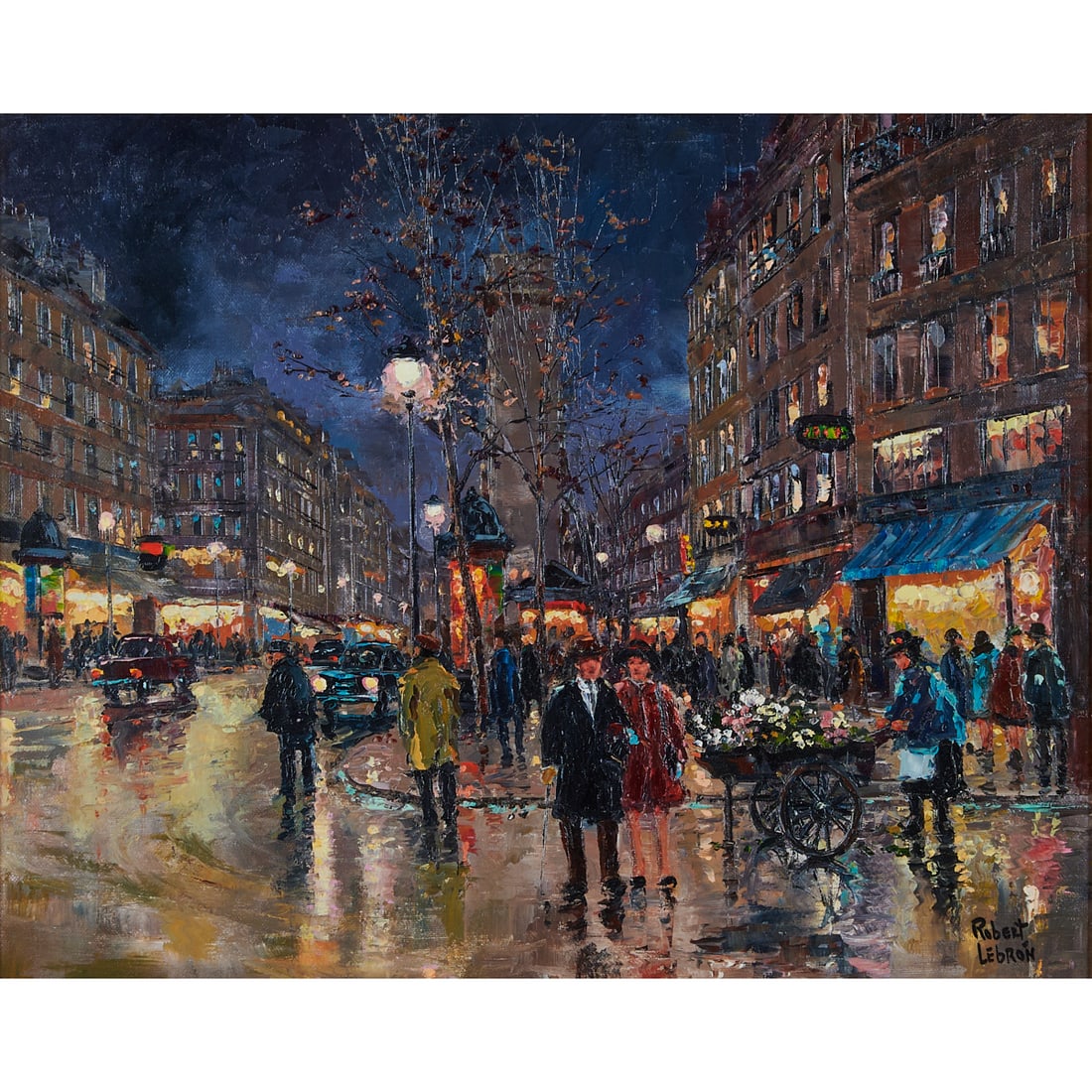 Robert Lebron, Paris Evening Snow, Oil on Canvas: Robert Lebron (American, 1928-2013),;"Paris Evening Snow," oil on canvas.;Signed Robert Lebron at lower right.;Titled and named on label verso from Lindsey Gallery, Carmel, CA. [Approximate