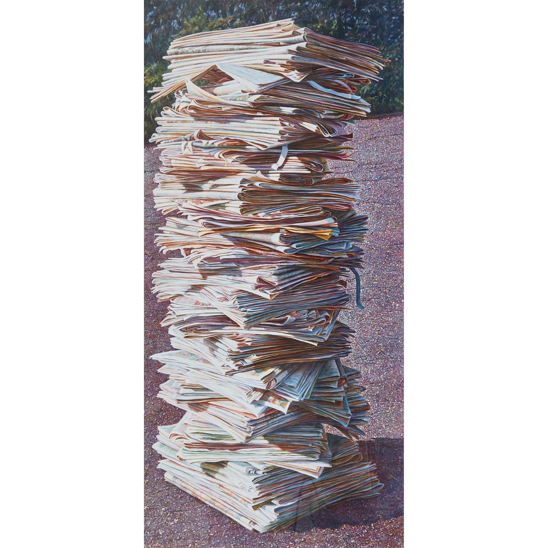 Linda K. Smith, Twisted News, Acrylic on Paper: Linda K. Smith (American/Contemporary), "Twisted News," 1990, acrylic on paper. Signed lower right on the pile of papers. K Kimpton Gallery label verso. [Approximate dimensions - sight: 64 3/4" H x