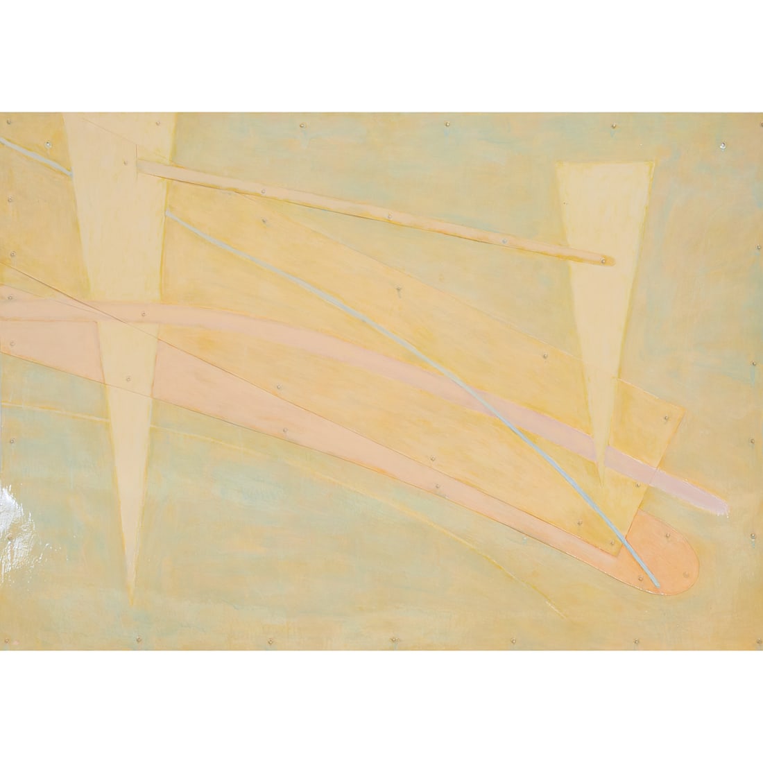 Tom Holland, Drake (Yellow), Mixed Media on Fiberglass: Tom Holland (American, born 1936), "Drake," 1972,;two fiberglass sheets of light yellow on a field of various pastels and oil with metal;rivets. Signed, dated, and;titled verso. [Approximate