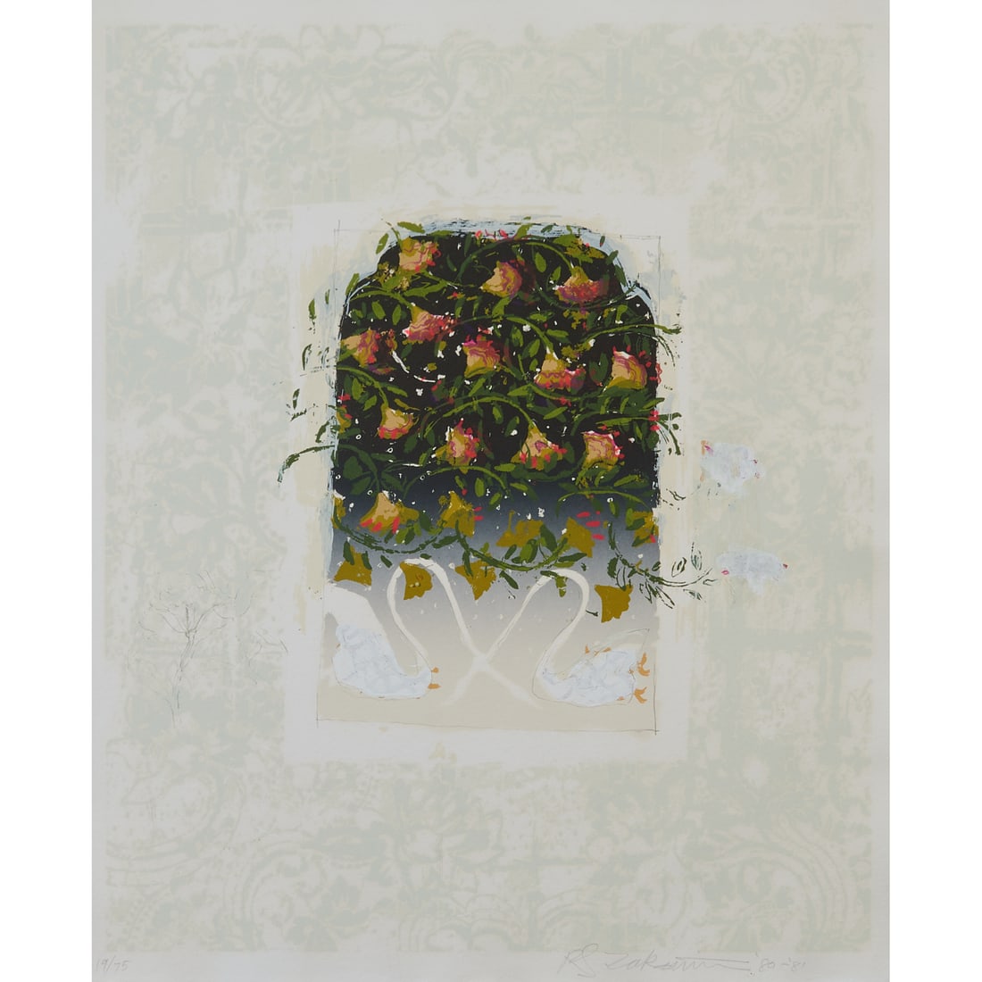 Robert Rahway Zakanitch, Hearts of Swan, Mixed Media Print: Robert Rahway Zakanitch (American, born 1935),;"Hearts of Swan," 1980-1981,;thirteen;colored lithograph, screenprint, and pochoir.;Numbered 19/75,;signed R.;Zakanitch, and dated in pencil at low margi
