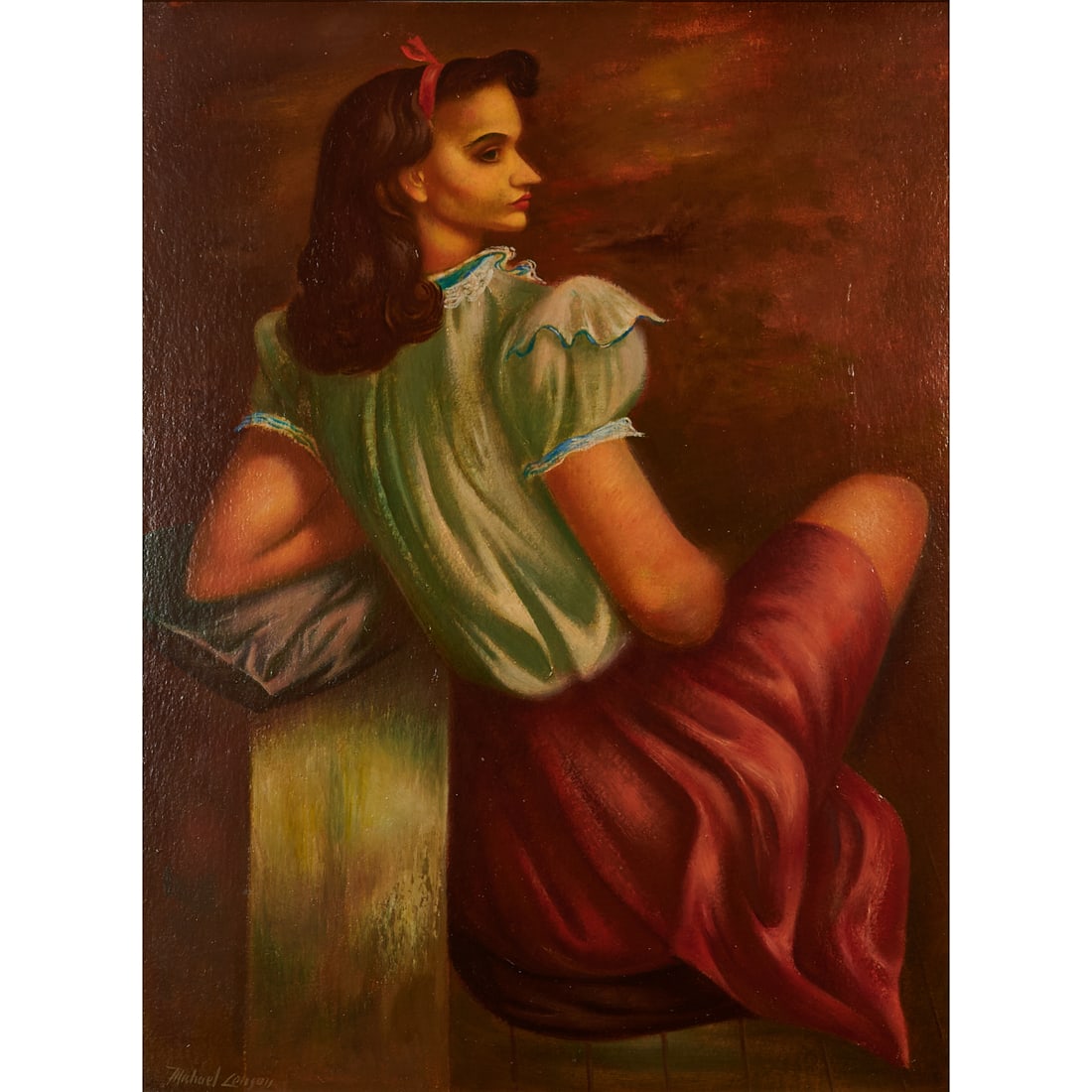 Michael Lenson, Seated Woman, Oil on Board: Michael Lenson (American, 1903-1971), Seated Woman, oil on board. Signed lower left. [Approximate dimensions - sight: 31 1/2" H x 23 3/8" W].