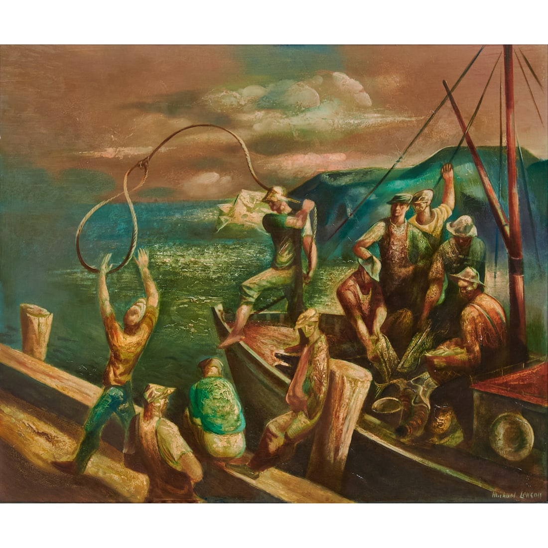 Michael Lenson, Sailors Docking at the Harbor, Oil on Board: Michael Lenson (American, 1903-1971), Sailors Docking at the Harbor, oil on board. Signed lower right. [Approximate dimensions - sight: 25 5/8" H x 30 1/2" W].