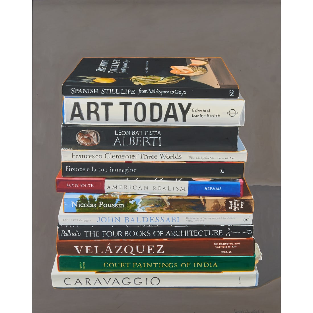 Donald Bradford, Stack of Books/Still Life, Oil on Panel: Donald Bradford (American, 20th/21st Century), "Stack of Books/Still Life," 1995, oil on panel. Signed Donald Bradford and dated 95 at lower right. [Approximate dimensions - sight: 19 1/2" H x 15 5/8"
