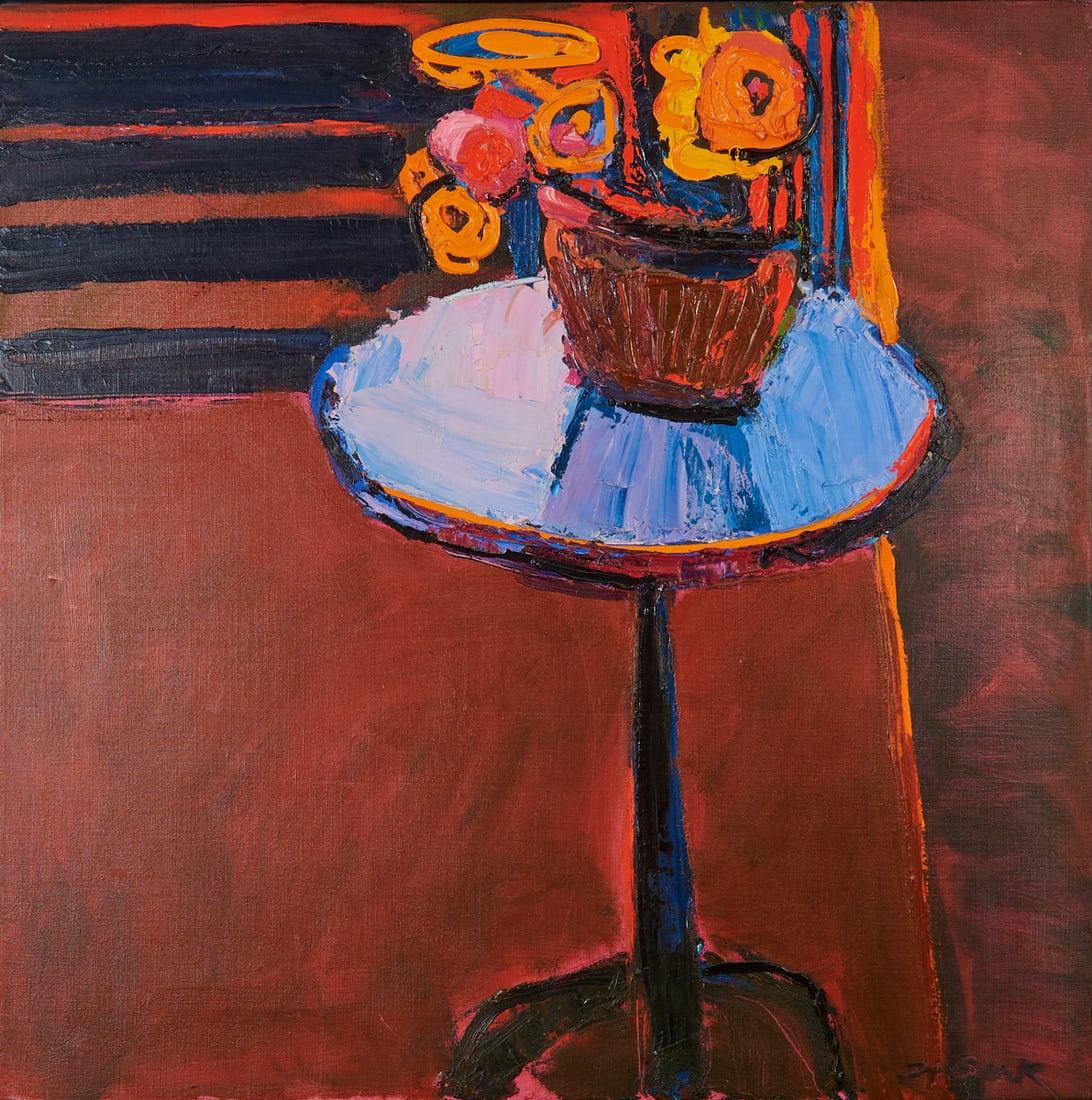 Henrietta Berk, Blue Table, Oil on Canvas: Henrietta Berk (American, 1919-1990), "Blue Table,";oil on canvas. Signed H Berk lower right. Hoover Gallery label and stamp verso.;[Approximate dimensions - canvas: 30" H x 30 " W].;The "Blue Table"