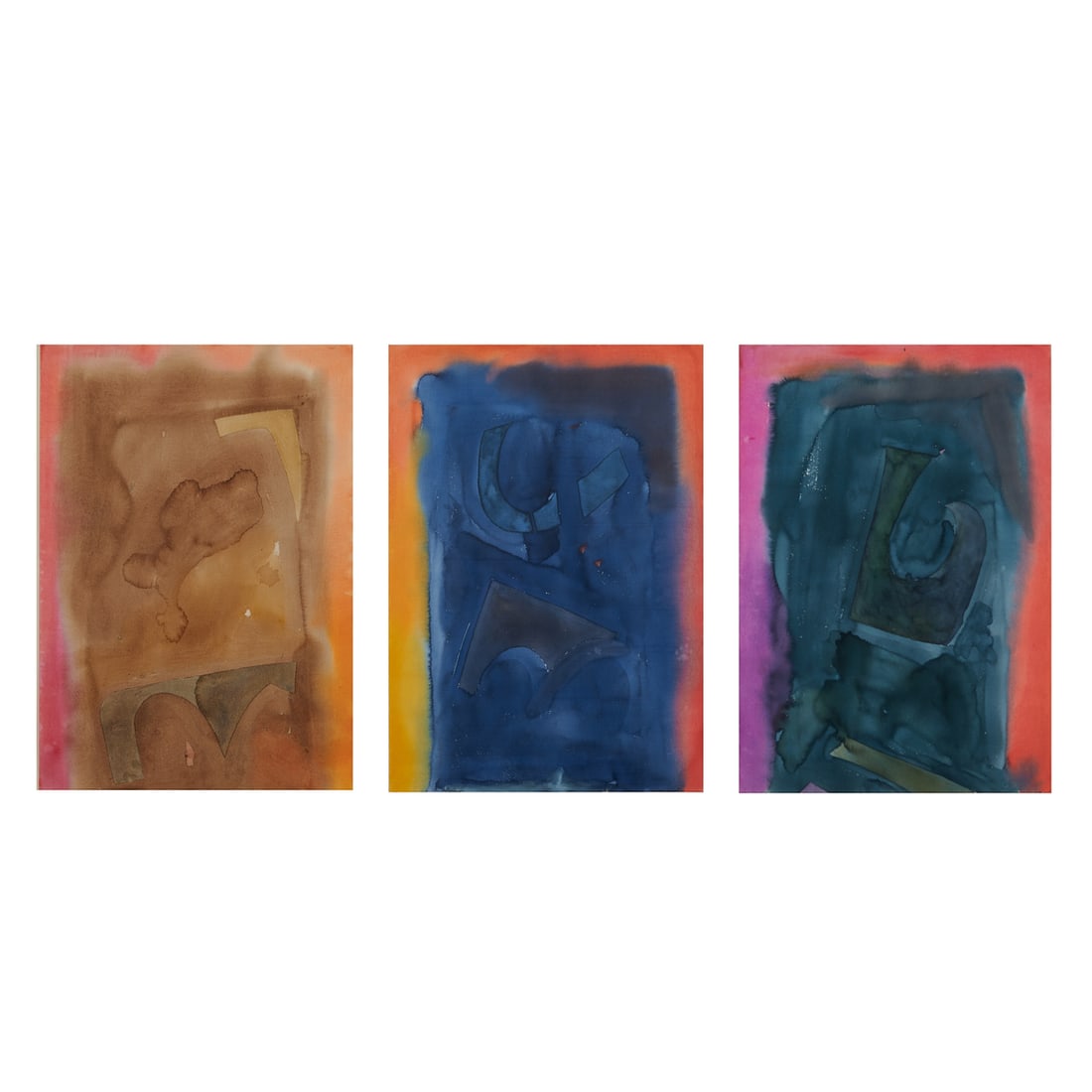 Patrick Humble, Three Abstract Watercolors: Patrick Humble (American, 20th Century), Three Abstracts, watercolors on paper. Two are initial signed and dated PH 76 in pencil at sheet verso. One has label on verso Patrick Humble,;Marin
