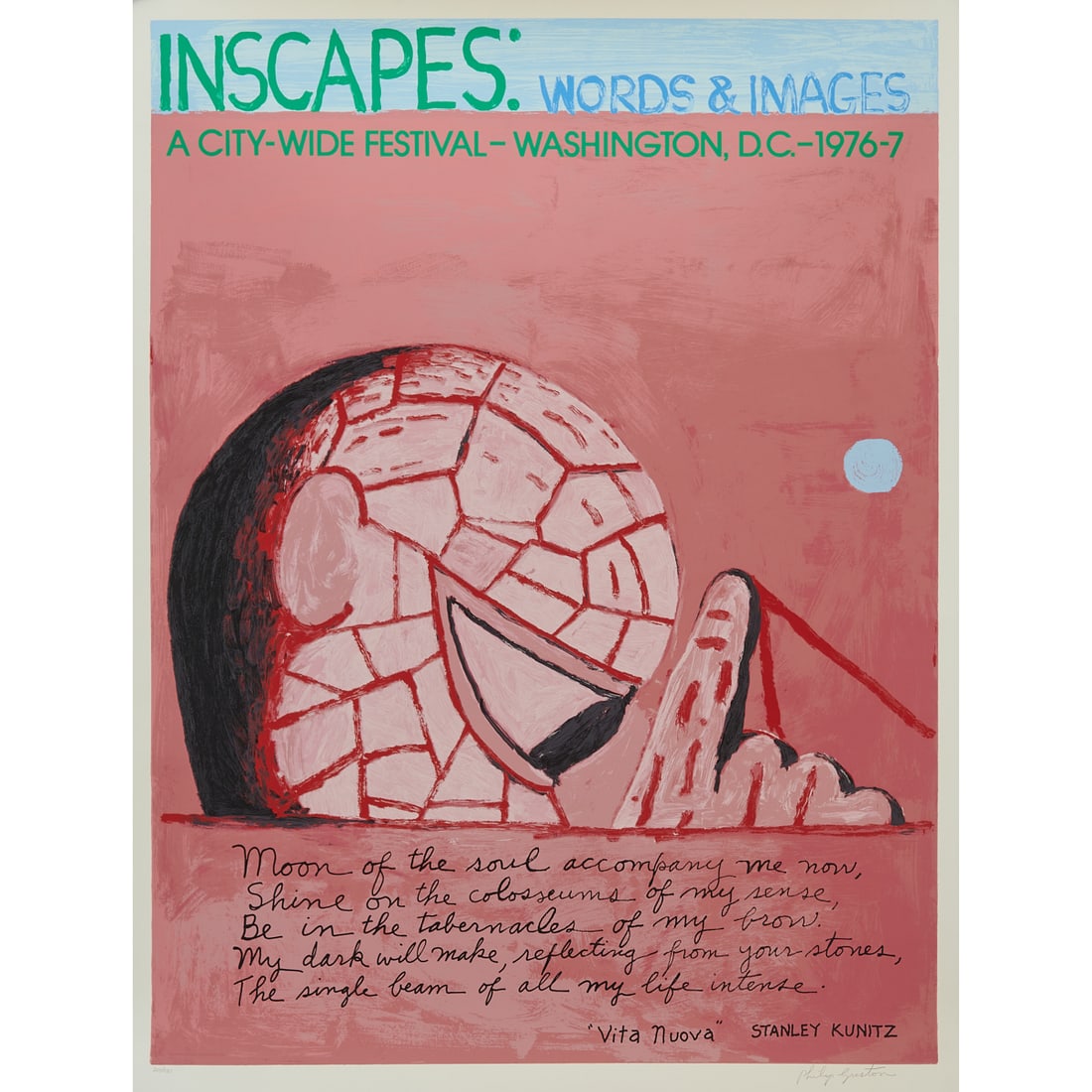 Philip Guston, Inscapes: Words and Images, Screenprint: Philip Guston;(American, 1913-1980),;"Inscapes: Words and Images, A City-Wide Festival-Washington, DC-1976-7,";1977,;screenprint, with poem titled "Vita Nuova" by Stanley Kunitz.;Numbered 20/100 and