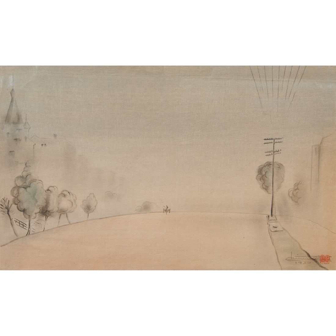 Chiura Obata, Foggy Morning Van Ness Avenue, Woodblock: Chiura Obata (American/Japanese, 1885-1975), "Foggy Morning,;Van Ness Avenue, San Francisco," 1930, woodblock on paper with silver mica highlights. Signed, stamped, and dated at lower right. Published