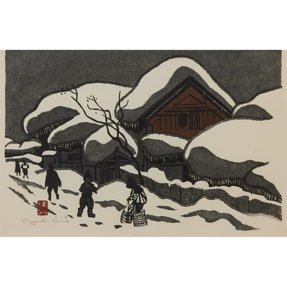 Kiyoshi Saito, Winter in Aziu, Woodblock (1 of 4)