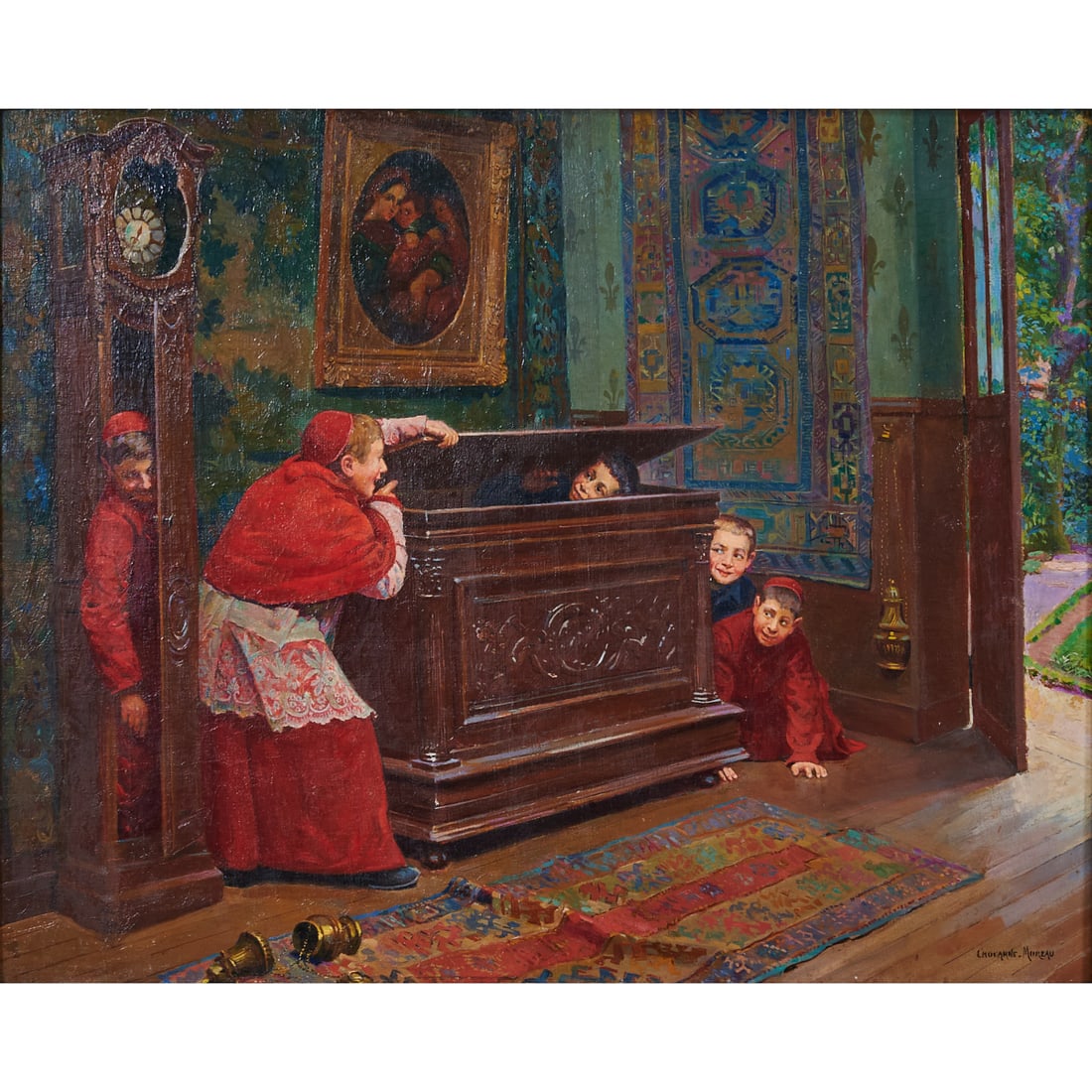 Paul Charles Chocarne-Moreau, Cache-Cache, Oil on Canvas: Paul Charles Chocarne-Moreau (French, 1855-1931), "Cache-Cache" (Hide and Seek), oil on canvas. Signed "Chocarne-Moreau" at lower right. Named, titled, and artists dates on plaque recto. Two round sti