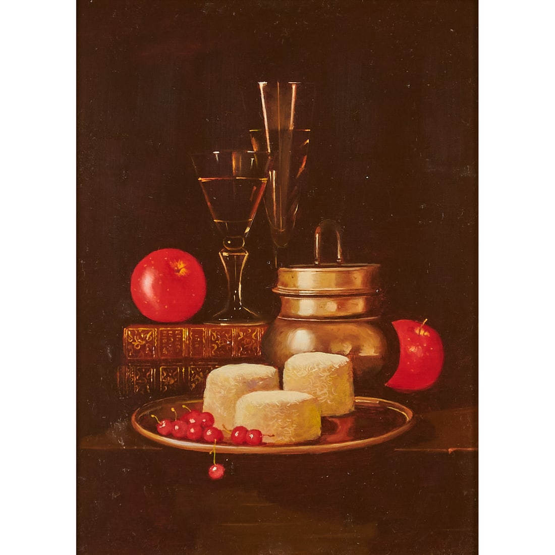 20th Century, Still Life with Cheese and Fruit, Oil on Board: 20th Century, Still Life with Cheese and Fruit, oil on board. Unsigned.;[Approximate dimensions - sight: 10 1/4" H x 7 1/2" W, board: 10 7/8" H x 8 1/8" W].;This anonymous artist created a