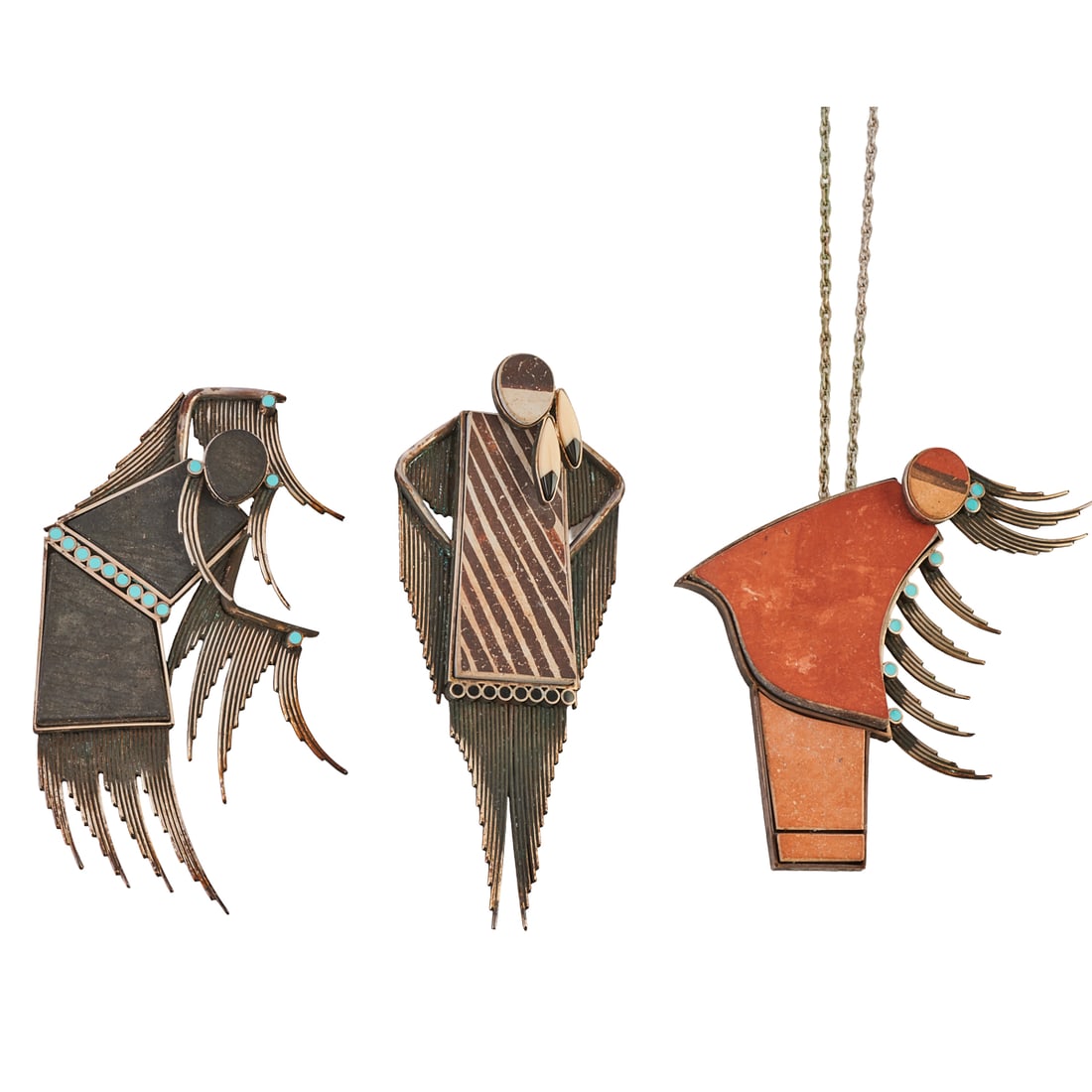 Collection of Three James A. Olson Brooches: Collection of Three James A. Olson Brooches. Including one black pottery shard, turquoise inlay, silver "rapture" woman brooch measuring approximately 85 x 61 mm; one red/orange pottery shard,
