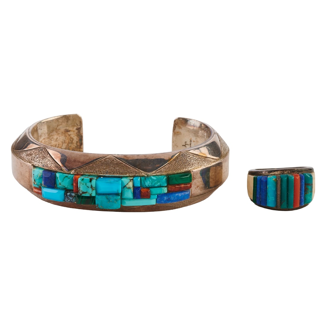 Native American Multi-Stone, Silver Jewelry Suite: Native American Multi-Stone, Silver Jewelry Suite. Including a turquoise, malachite, spondylus shell, lapis lazuli cobblestone, silver cuff bracelet measuring approximately 20 mm in width and with an