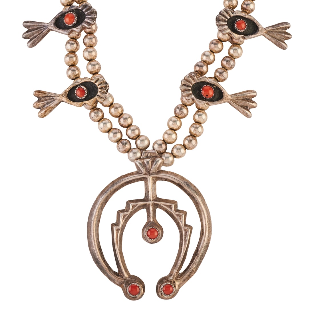 *Native American Coral, Silver Squash Blossom Necklace: *Native American Coral, Silver Squash Blossom Necklace. Featuring one central coral cabochon, silver naja measuring approximately 62 x 52 mm, accented by ten round coral cabochon, silver squash