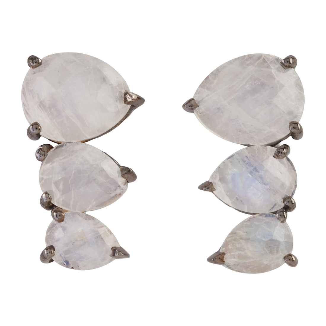 Pair of Moonstone, Oxidized Silver Earrings: Pair of Moonstone, Oxidized Silver Earrings. Each featuring three slightly graduated pear shaped, faceted-top moonstones, set in an oxidized silver mounting measuring approximately 20 x 11 mm. {Gross