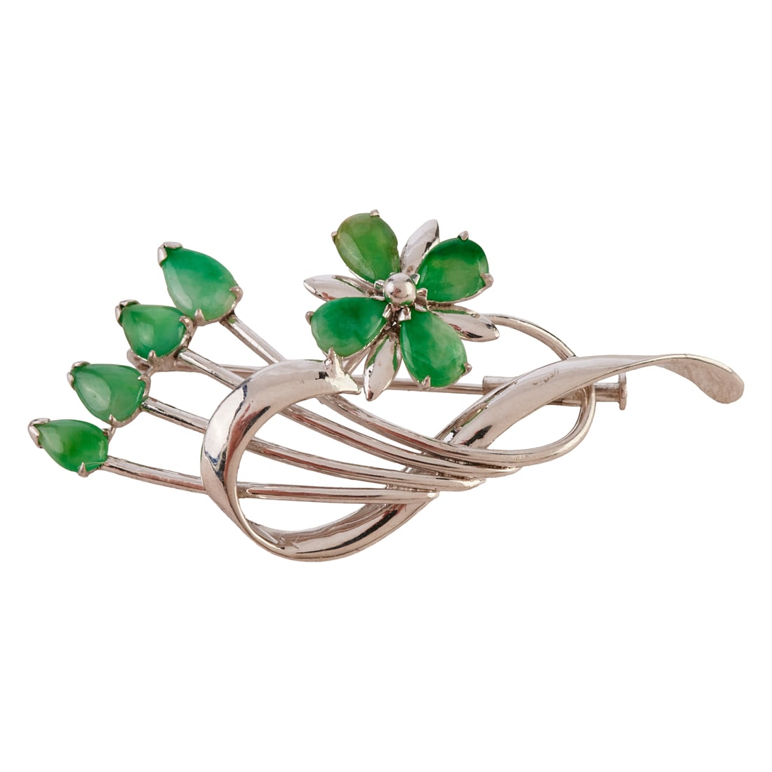 Jade, 18k White Gold Brooch: Jade, 18k White Gold Brooch. Featuring eight pear shaped jade cabochons, set in an 18k white gold floral motif spray brooch mounting measuring approximately 55 x 27 mm. {Gross Weight: 4.6 dwts}
