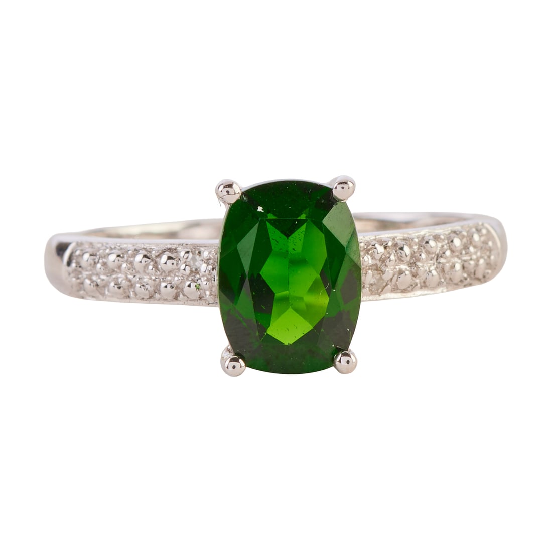 Diopside, Diamond, 10k White Gold Ring: Diopside, Diamond, 10k White Gold Ring. Featuring one cushion-cut diopside weighing approximately 1.35 ct., accented by round-cut diamonds, set in a 10k white gold mounting. {Size: 7, Gross Weight: