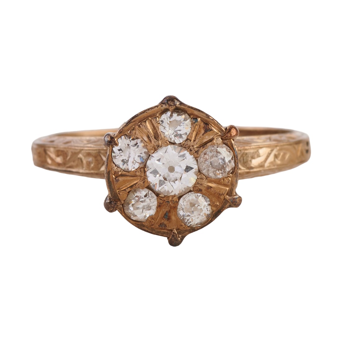 Vintage Diamond, 14k White Gold Ring: Vintage Diamond, 14k White Gold Ring. Featuring six old European-cut diamonds weighing a total of approximately 0.35 cttw., set in a 14k white gold engraved mounting. {Size: 5 1/2, Gross Weight: 1.9