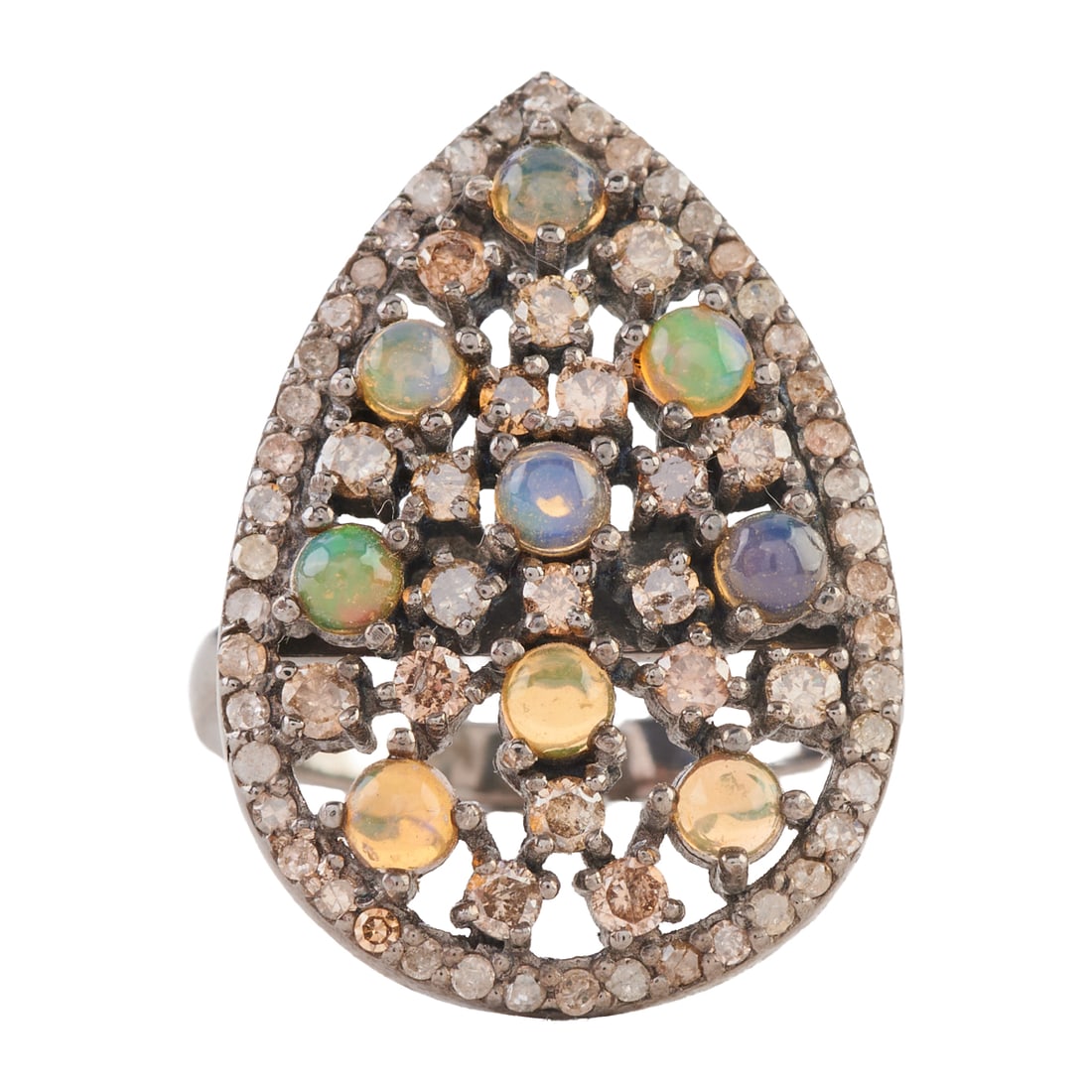 Opal, Diamond, Oxidized Silver Ring: Opal, Diamond, Oxidized Silver Ring. Featuring nine round opal cabochons, accented by round-cut diamonds weighing a total of approximately 0.75 cttw., set in pear shaped oxidized silver mounting.