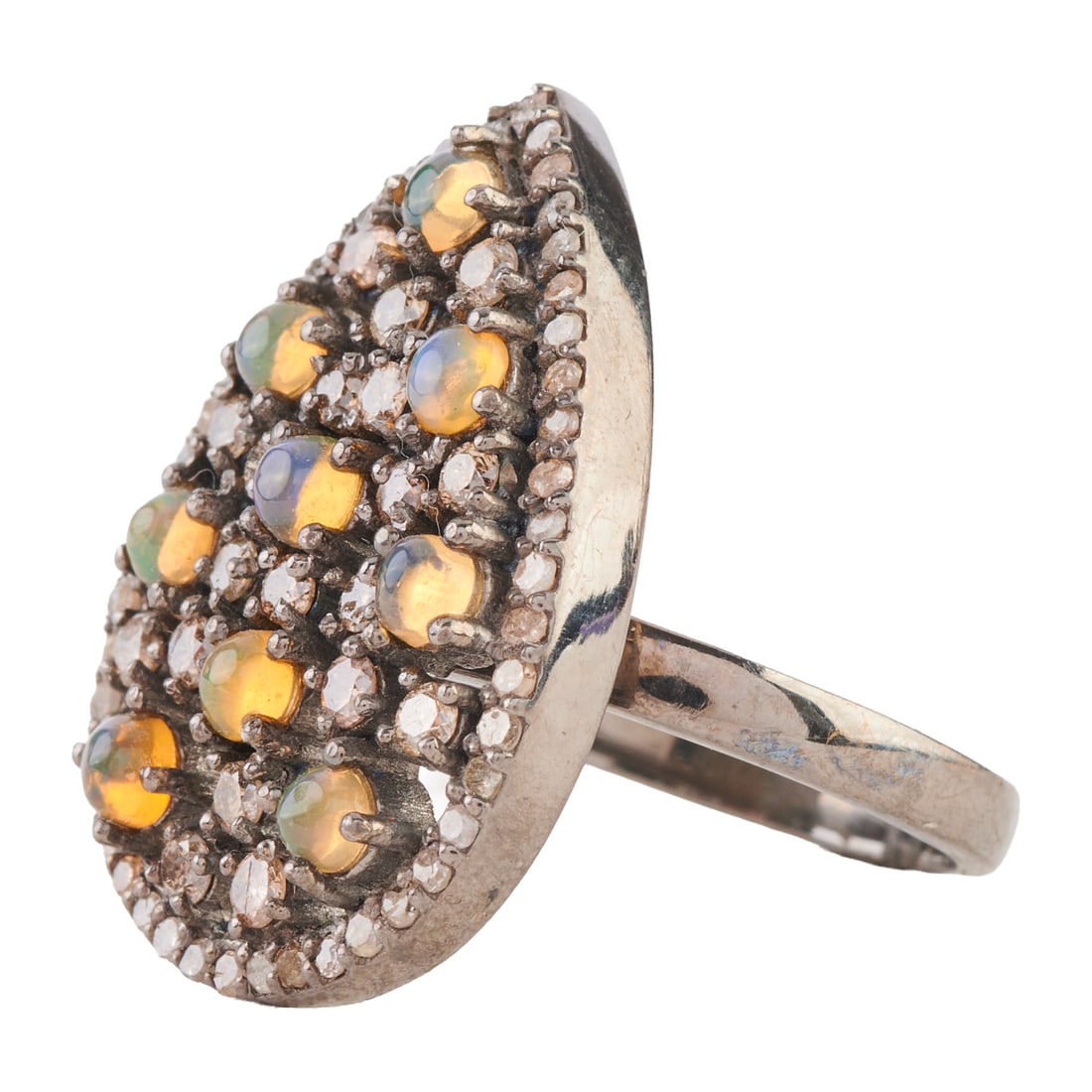 Opal, Diamond, Oxidized Silver Ring - 2