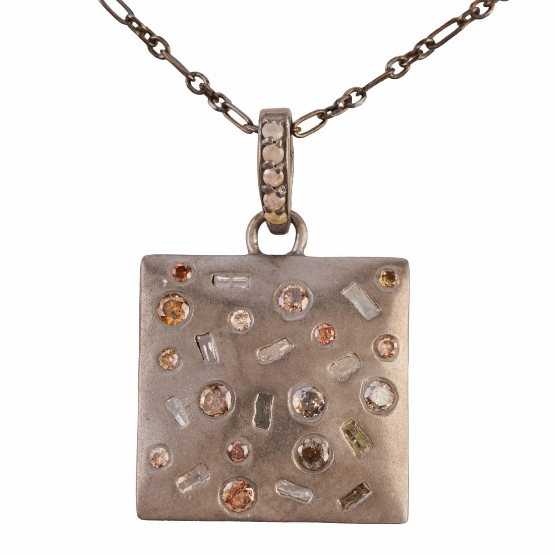 Diamond, Matte Oxidized Silver Pendant Necklace: Diamond, Matte Oxidized Silver Pendant Necklace. Featuring round-cut and tapered baguette-cut diamonds, set in a square shaped matte oxidized silver mounting measuring approximately 20 x 20 mm, suspen