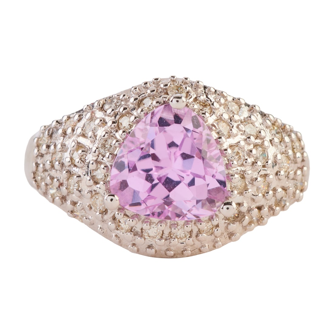 Kunzite, Diamond, 14k White Gold Ring: Kunzite, Diamond, 14k White Gold Ring. Featuring one triangular-cut kunzite weighing approximately 1.95 ct., accented by full-cut diamonds, set in a 14k white gold mounting. {Size: 7, Gross Weight: 3.