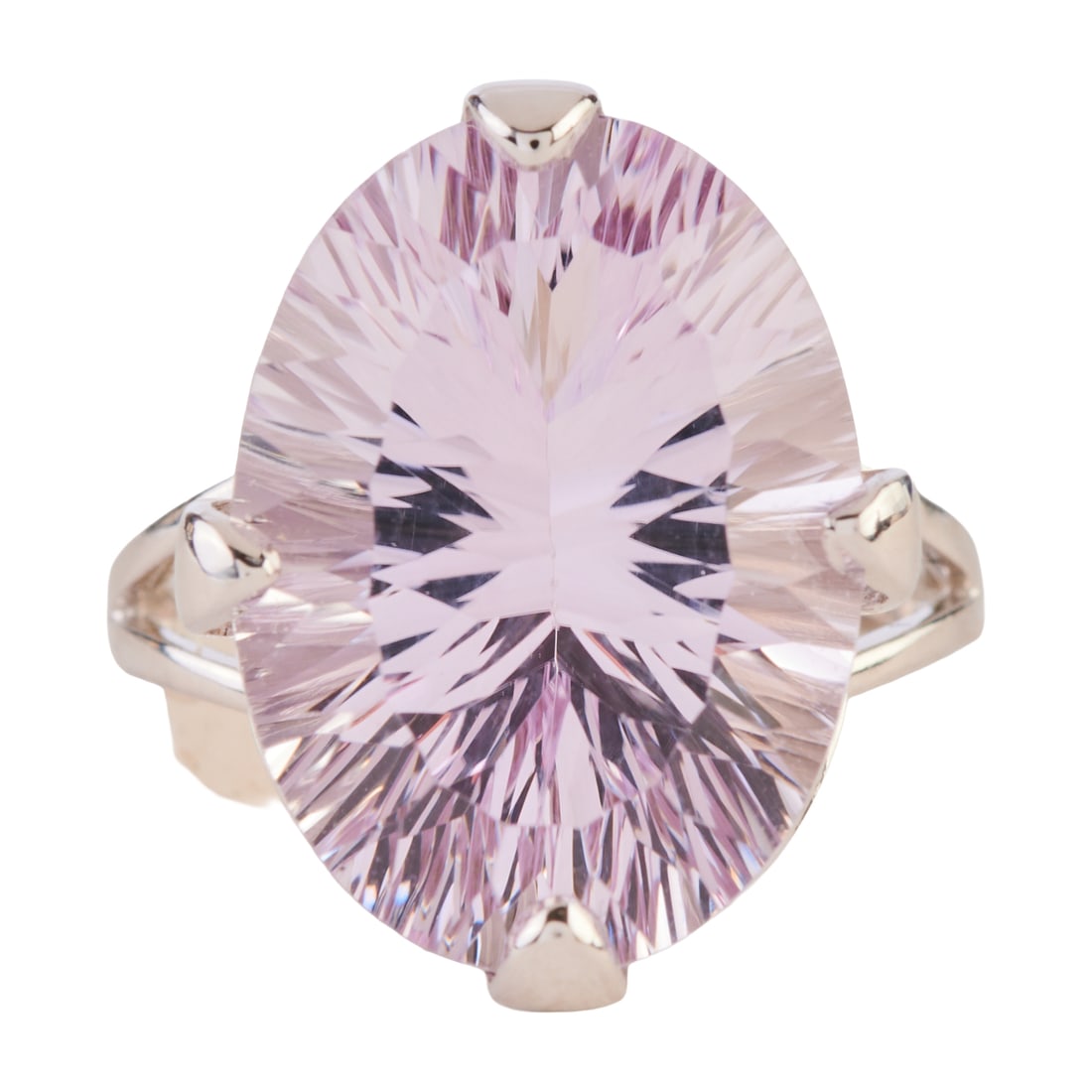 Pink Quartz, Diamond, 14k White Gold Ring: Pink Quartz, Diamond, 14k White Gold Ring. Featuring one fancy oval-cut pink quartz measuring approximately 18 x 13 mm, accented by full-cut diamonds, set in a 14k white gold mounting. {Size: 7,